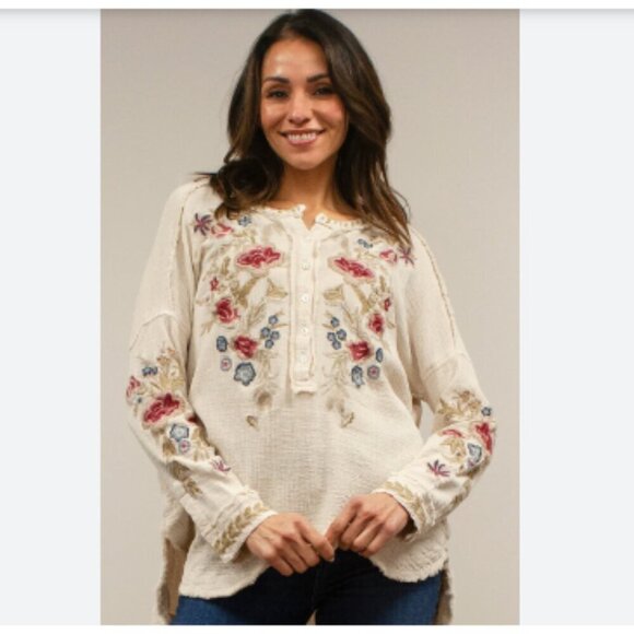 Kyla Seo Delia Embroidered Floral Boho Gauze Top Blue - Picture 1 of 9